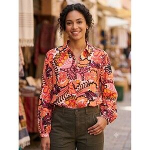 Alex & Lili Paisley Floral Button Down Shirt XL Pink Orange Long Sleeve festival
